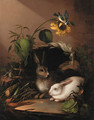 Two rabbits in an upturned basket with a blue tit on a sunflower - (after) Johann Amandus Winck
