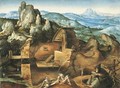 An extensive rocky landscape with the Temptation of Saint Anthony - (after) Joachim Patenier (Patinir)