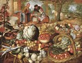 A greengrocer's stall with the Flight into Egypt beyond - (after) Joachim Beuckelaer