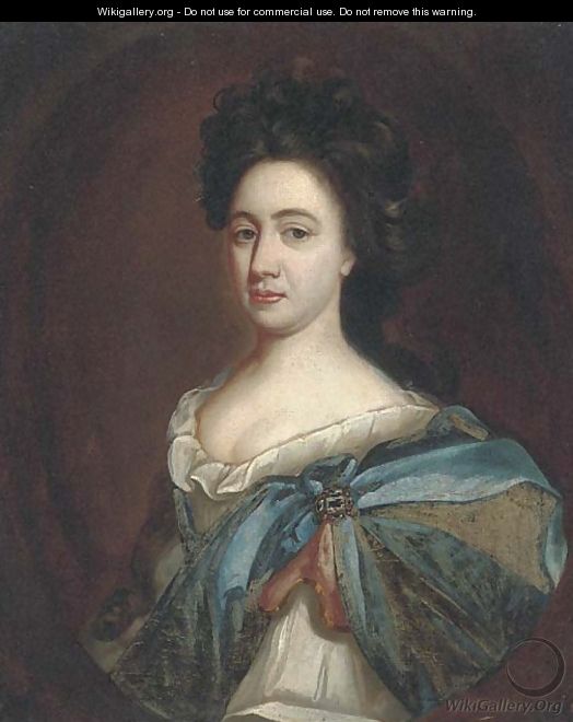 Portrait of a lady, half-length, in a white dress, with a blue wrap and jewelled brooch - (attr.to) Closterman, Johann
