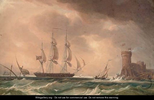 An English frigate arriving off a fortified Mediterranean port - (after) John Christian Schetky