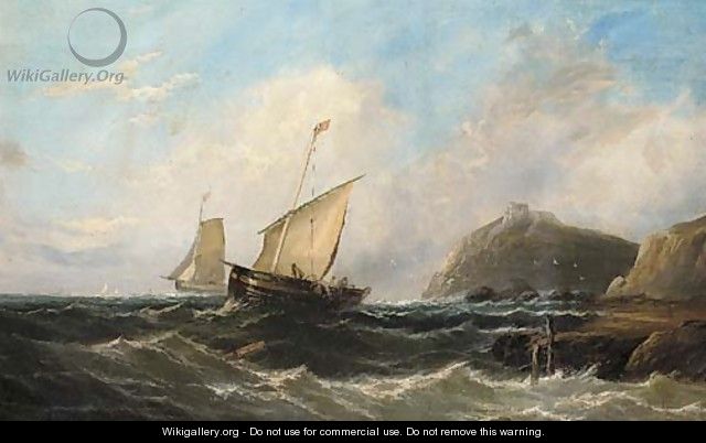Fishermen hauling in their nets off a rocky headline with a ruined castle - (after) John Callow