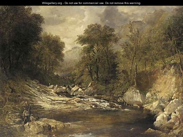 Anglers in a mountainous river landscape - (after) John Brandon Smith