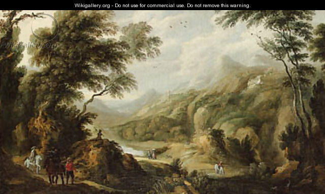 Mounted travellers and peasants in an extensive wooded landscape - (after) Johannes Tilens