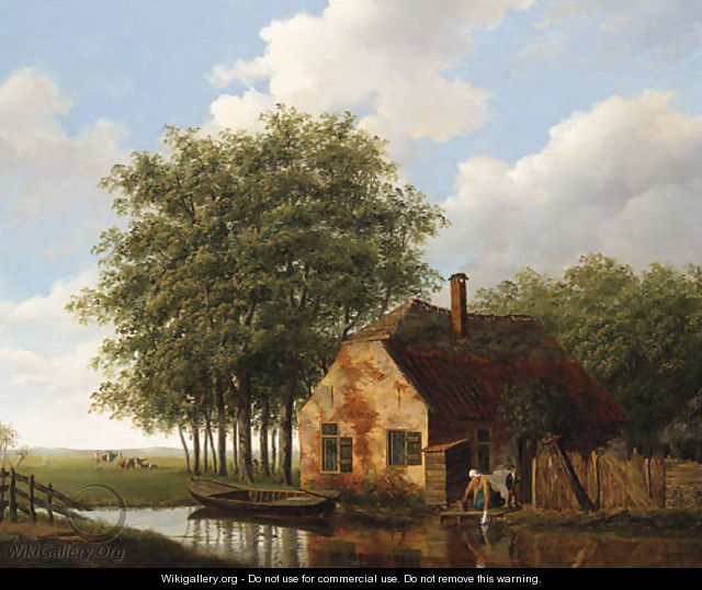 A Woman and Child outside a Cottage, Cattle grazing in a Meadow beyond - (after) Johannes Janson