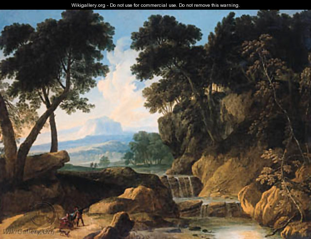 A traveller conversing with a gypsy woman on a road by a waterfall - (after) Johannes (Polidoro) Glauber