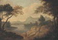 A wooded river landscape with a classical figure and a dog on a track - (after) Johannes (Polidoro) Glauber