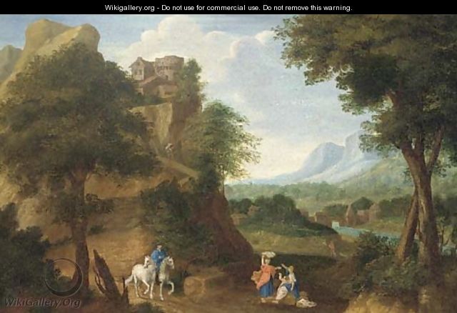 A river valley with a fortified house on a hill and a horseman and other figures on a track - (after) Johannes (Polidoro) Glauber