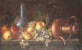 An upturned copper teapot, a pewter flagon and fruit on a ledge - (after) Johannes Bouman