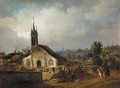 A country church with villagers and horsemen on a nearby track - (after) Johann-Christian Brand