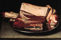 A leg of pork and a slice of meat on a pewter plate on a table - (after) Johann Michael Hambach