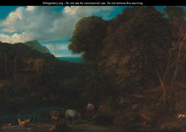 A wooded river landscape with peasants on a track, a ruin beyond - (after) Jan Baptist Huysmans