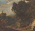 A wooded landscape with travellers on a track - (after) Jan Baptist Huysmans