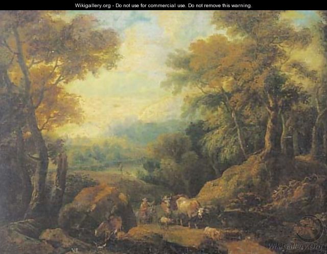 A wooded lakeside landscape with a drover and his herd - (after) Jan Baptist Huysmans