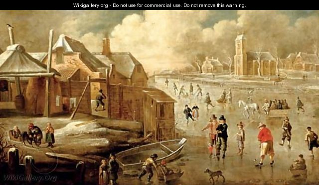 A frozen canal with skaters and men playing kolf - (after) Jan Abrahamsz. Beerstraten