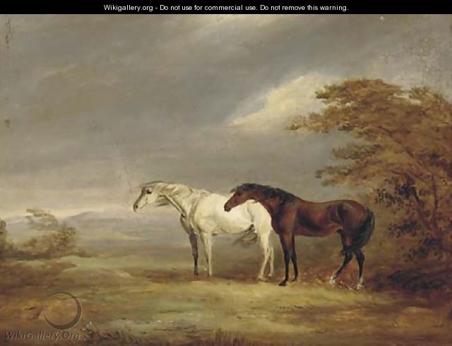 A chestnut and grey in a windy landscape - (after) James Ward