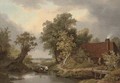 Figures in a punt by a cottage - (after) James Stark