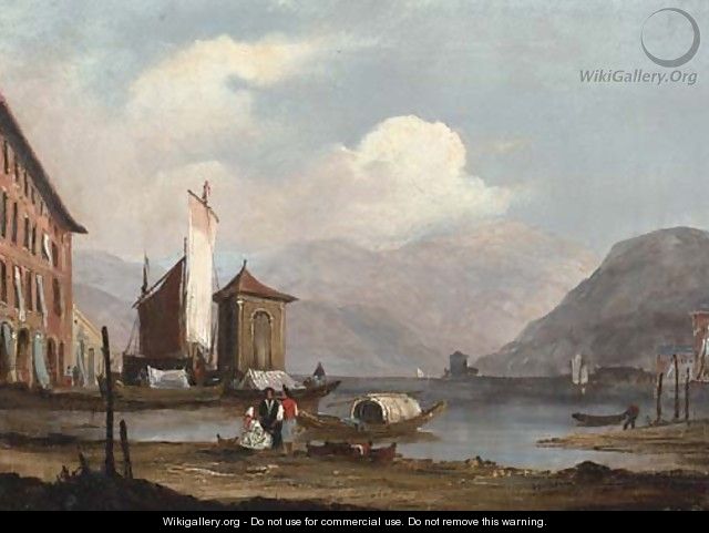 Figures on the bank of an Italianate lake - (after) James Holland