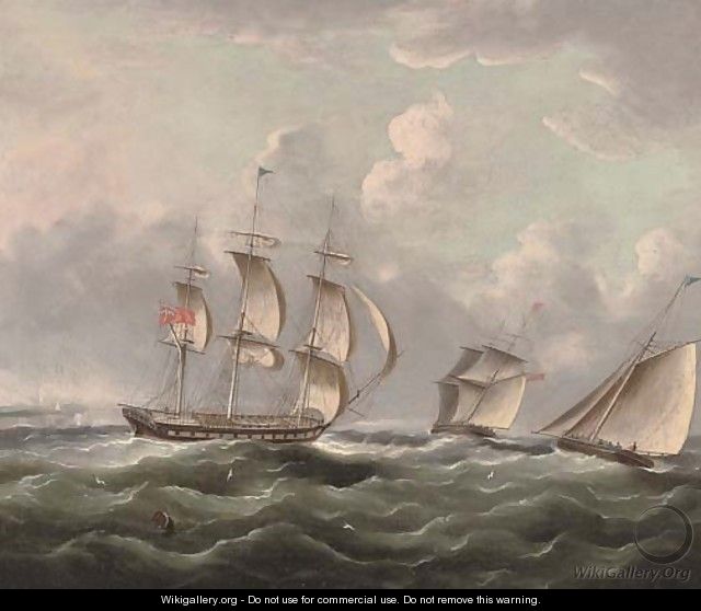 Ships of the Royal Navy running up the coast passing a headland - (after) James E. Buttersworth