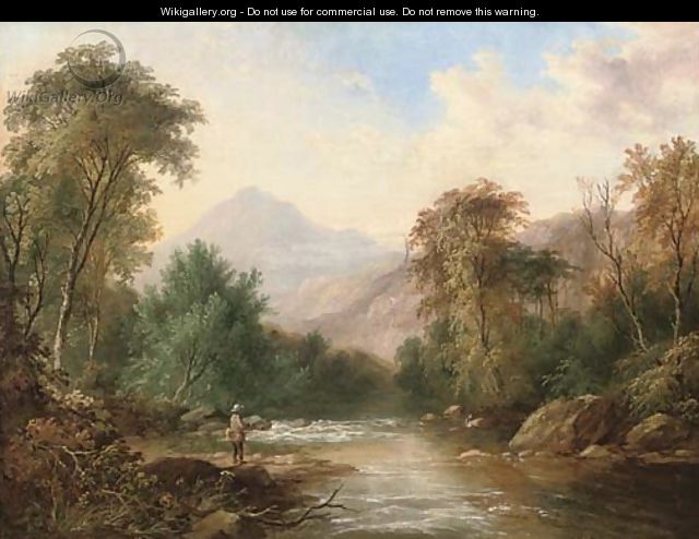 An angler in a mountainous river landscape - (after) James Burrell Smith