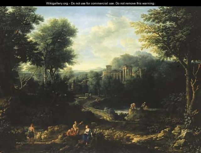 An arcadian landscape with herdsmen on a path and peasants fishing on a pond - (after) Jan Frans Van Orizzonte (see Bloemen)