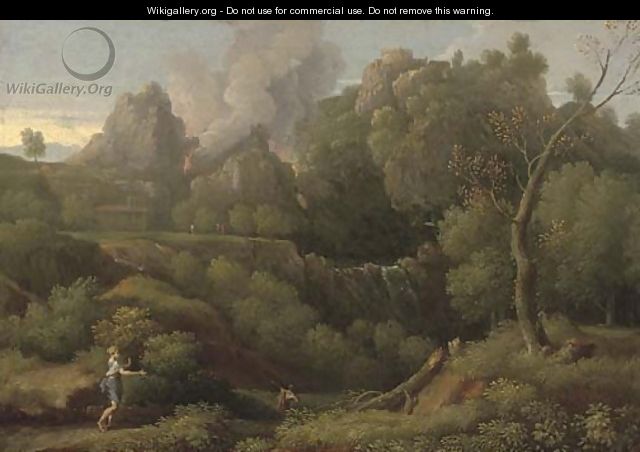 A wooded landscape with figures in the foreground, a volcano erupting beyond - (after) Jan Frans Van Orizzonte (see Bloemen)