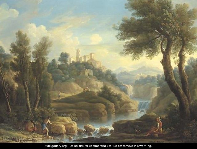 A mountainous river landscape with fishermen and other figures, a hilltop town beyond - (after) Jan Frans Van Orizzonte (see Bloemen)