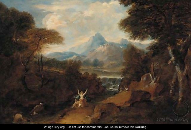 A classical landscape with Venus surprised by satyrs - (after) Jan Frans Van Orizzonte (see Bloemen)