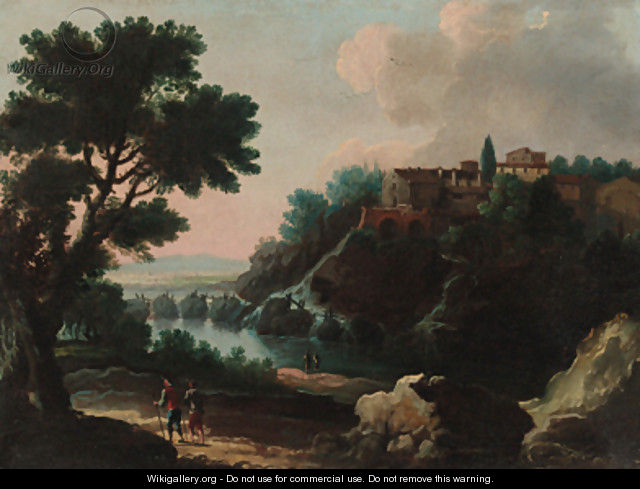 Travellers before a waterfall in a river landscape; and Peasants on a path in a river landscape with a town beyond - (after) Jan Frans Van Orizzonte (see Bloemen)