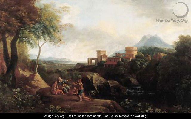 Shepherds on a cliff overlooking a river, a town on a hilltop beyond, in an Italianate landscape - (after) Jan Frans Van Orizzonte (see Bloemen)
