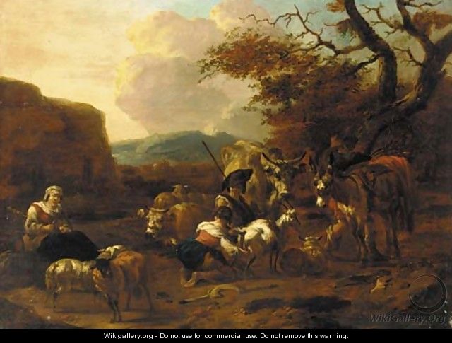 An evening landscape with herdsmen and shepherdesses, cattle and sheep resting nearby - (after) Jan Frans Soolmaker
