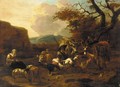 An evening landscape with herdsmen and shepherdesses, cattle and sheep resting nearby - (after) Jan Frans Soolmaker