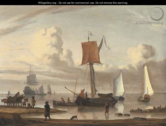 Dutch shipping by a shore with figures unloading a wagon - (after) Jacob Esselens