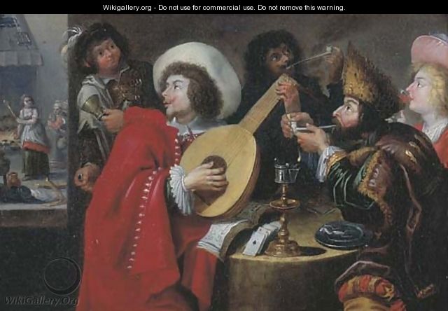 A merry company making music, smoking and drinking in an inn, a kitchen beyond - (after) Jan Cossiers