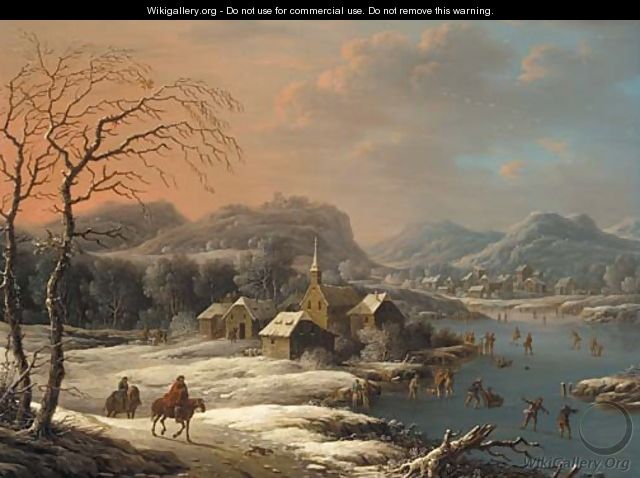 A mountainous winter landscape with ice skaters on a lake near a village - (after) Johann Christian Vollerdt Or Vollaert