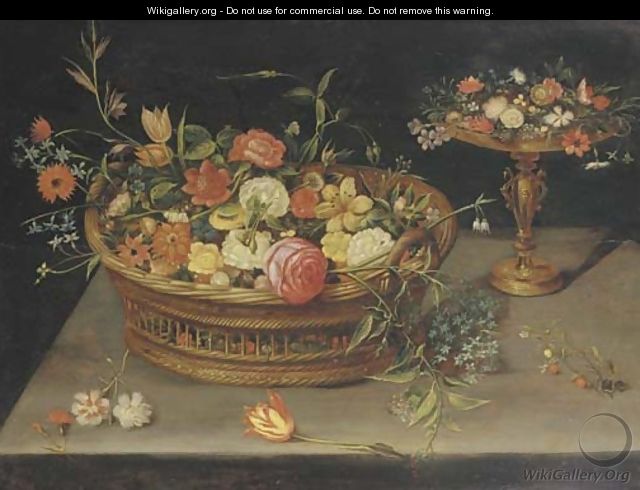 Roses, peonies, tulips, narcissi, carnations, poppies and other flowers in a basket and a gilt tazza, on a table - (after) Jan, The Younger Brueghel