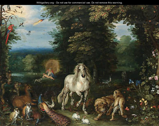 Animals and birds in the Garden of Eden, the Creation of Eve beyond - (after) Jan, The Younger Brueghel