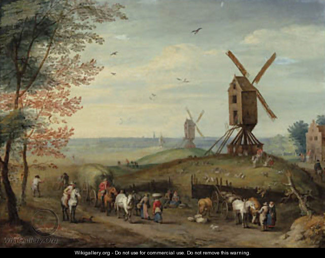 An autumn landscape with windmills and peasants harvesting - (after) Jan, The Younger Brueghel