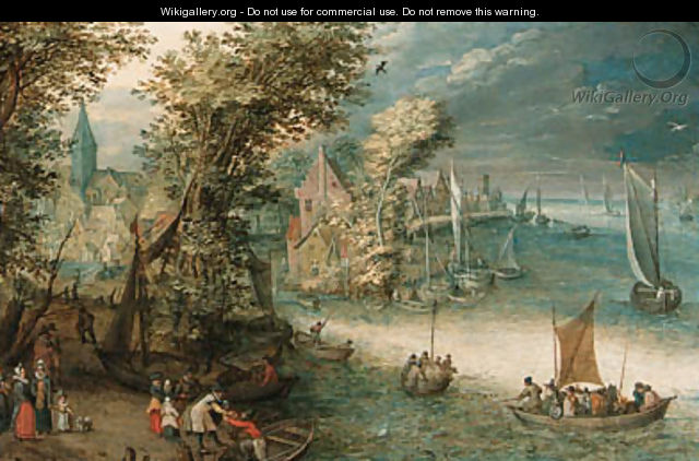 A wooded river landscape with travellers at a landing stage near a town, kaags, rowing boats and a ferry on the river - (after) Jan, The Younger Brueghel