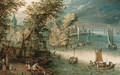 A wooded river landscape with travellers at a landing stage near a town, kaags, rowing boats and a ferry on the river - (after) Jan, The Younger Brueghel