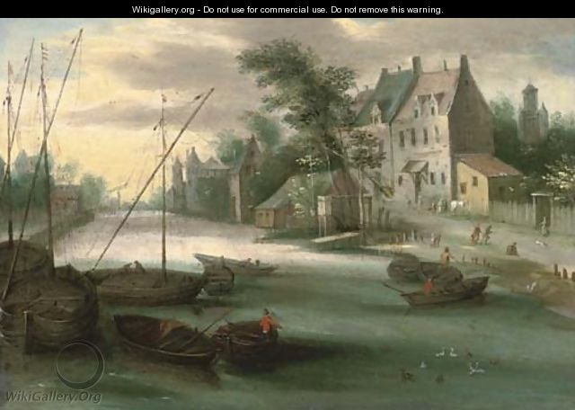 A riverside town with boats in the foreground - (after) Jan, The Younger Brueghel
