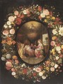 A garland of roses, tulips, jasmine and other flowers encircling an oval of The Virgin with Angels adoring the Child in the crib, with God the Father - (after) Jan, The Younger Brueghel