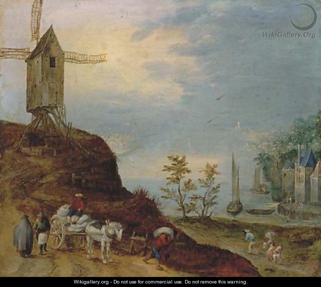 An extensive river landscape with a windmill and travellers on a path - (after) Jan The Elder Brueghel