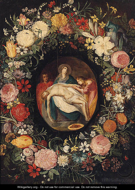 The Lamentation in a medallion surrounded by a garland of flowers - (after) Jan, The Younger Brueghel