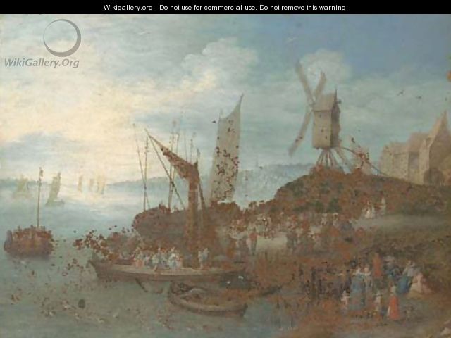 A river landscape with villagers and boats at a landing stage by a windmill - (after) Jan, The Younger Brueghel