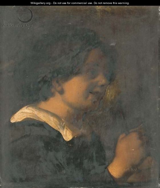 A young boy, bust-length, playing a rommelpot - (after) Jan Lievens