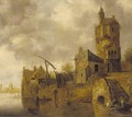 A river landscape with figures unloading a boat before a tower - (after) Jan Van Goyen