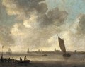 An estuary landscape with fishermen drawing in their nets by a sandbank and other shipping in a light breeze, Dordrecht beyond - (after) Jan Van Goyen