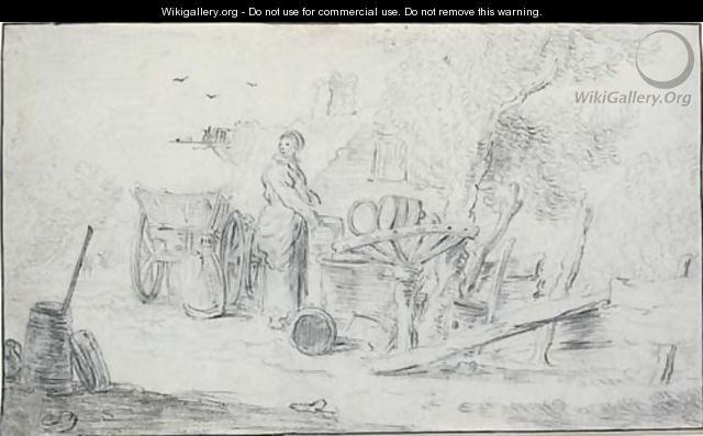 A woman by a well, a cottage seen beyond - (after) Jan Van Goyen