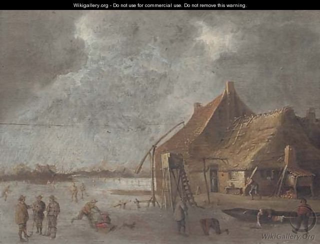 A winter landscape with skaters and kolf players by a village on a frozen lake - (after) Jan Van Goyen